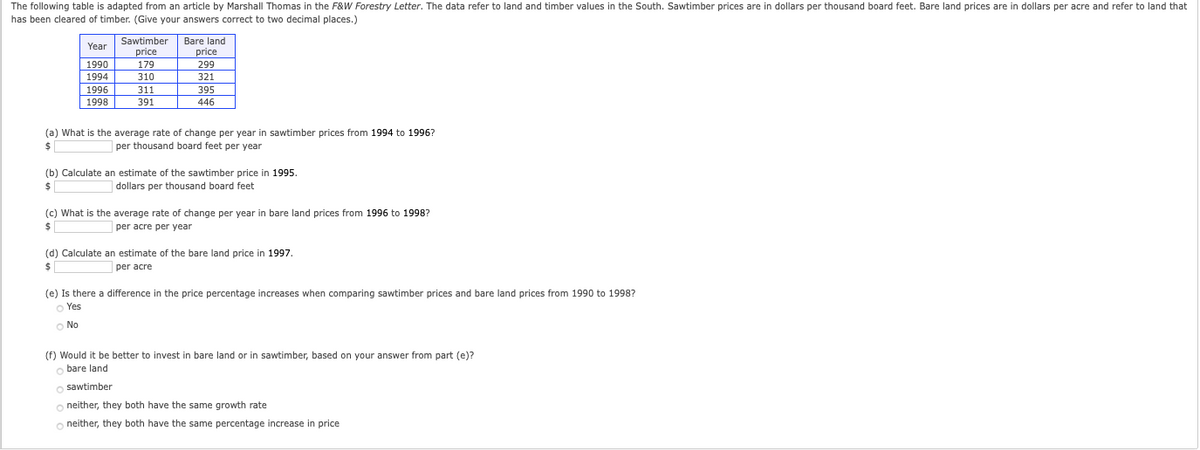 The following table is adapted from an article by Marshall Thomas in the F&W Forestry Letter. The data refer to land and timber values in the South. Sawtimber prices are in dollars per thousand board feet. Bare land prices are in dollars per acre and refer to land that
has been cleared of timber. (Give your answers correct to two decimal places.)
Sawtimber
Bare land
Year
price
price
1990
179
299
1994
310
321
|1996
1998
311
395
391
446
(a) What is the average rate of change per year in sawtimber prices from 1994 to 1996?
per thousand board feet per year
(b) Calculate an estimate of the sawtimber price in 1995.
dollars per thousand board feet
(c) What is the average rate of change per year in bare land prices from 1996 to 1998?
per acre per year
(d) Calculate an estimate of the bare land price in 1997.
per acre
(e) Is there a difference in the price percentage increases when comparing sawtimber prices and bare land prices from 1990 to 1998?
Yes
o No
(f) Would it be better to invest in bare land or in sawtimber, based on your answer from part (e)?
o bare land
o sawtimber
o neither, they both have the same growth rate
o neither, they both have the same percentage increase in price
