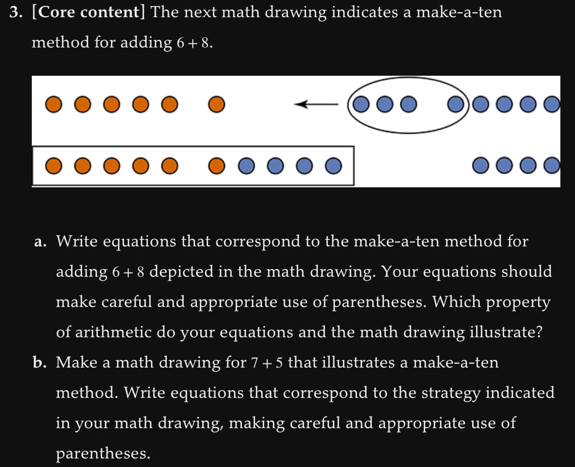 3. [Core content] The next math drawing indicates a make-a-ten
method for adding 6 +8.
a. Write equations that correspond to the make-a-ten method for
adding 6 + 8 depicted in the math drawing. Your equations should
make careful and appropriate use of parentheses. Which property
of arithmetic do your equations and the math drawing illustrate?
b. Make a math drawing for 7 + 5 that illustrates a make-a-ten
method. Write equations that correspond to the strategy indicated
in your math drawing, making careful and appropriate use of
parentheses.
