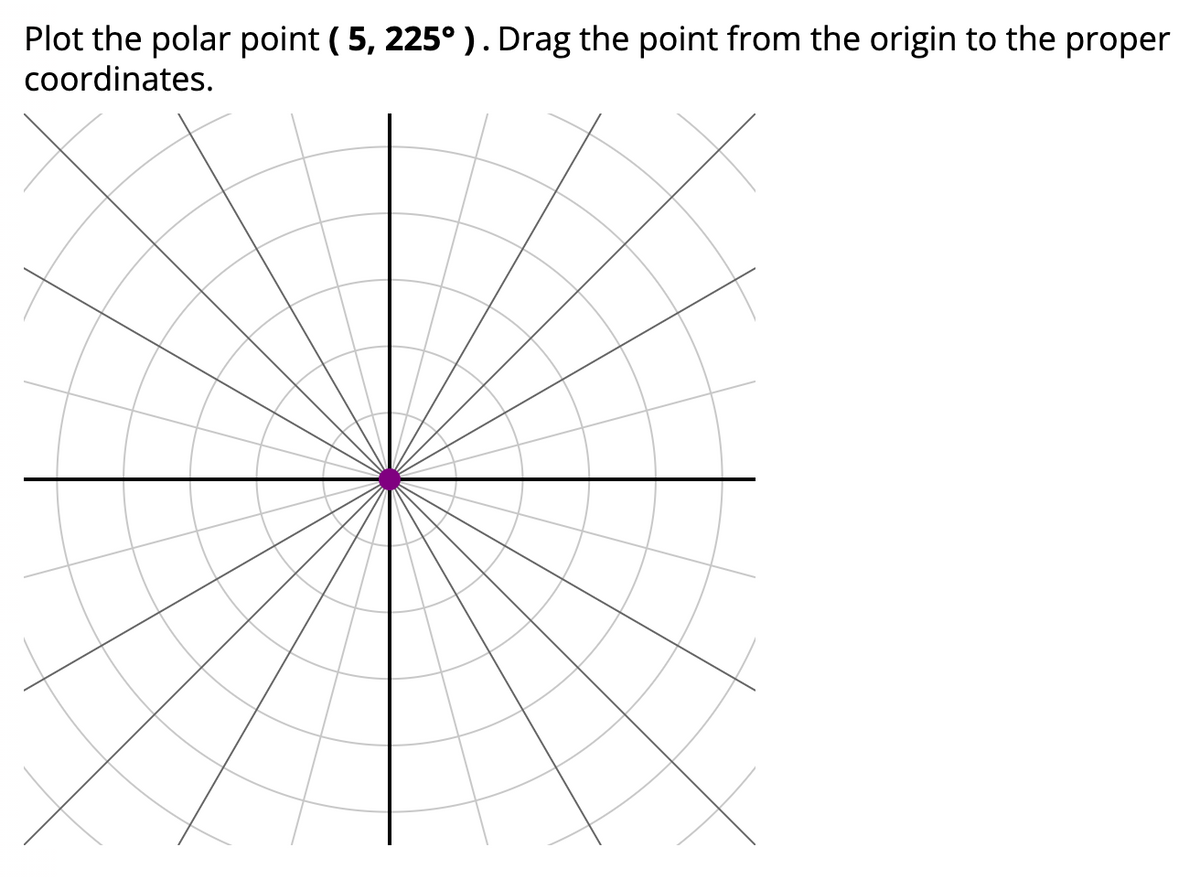 Plot the polar point (5, 225°). Drag the point from the origin to the proper
coordinates.