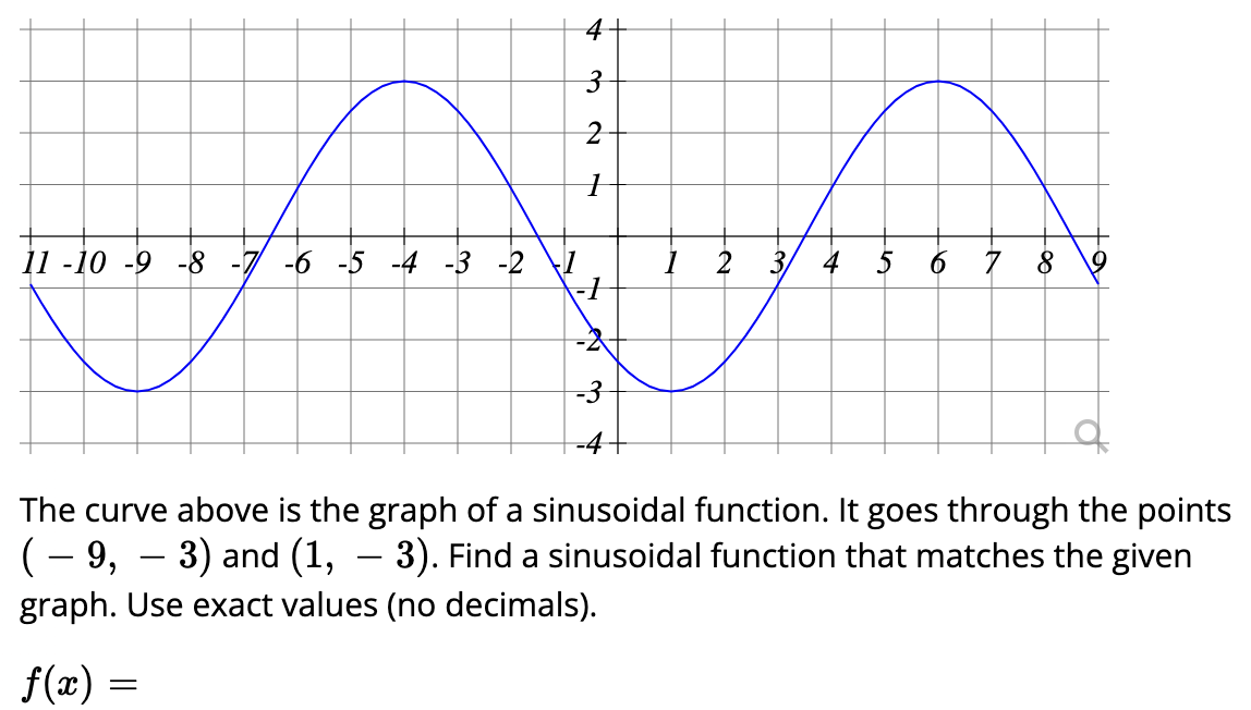 11 -10 -9 -8 -7 -6 -5 -4 -3 -2
4
3
2
1
=
-1
1 2 3 4 5 6 7
The curve above is the graph of a sinusoidal function. It goes through the points
( − 9, — 3) and (1, − 3). Find a sinusoidal function that matches the given
graph. Use exact values (no decimals).
f(x)