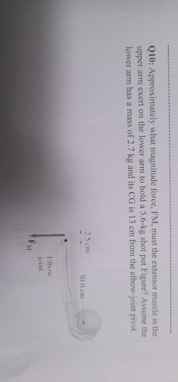 Q10: Approximately what magnitude force, FM, must the extensor muscle in the
upper arm exert on the lower arm to hold a 5.6-kg shot put Figure? Assume the
lower arm has a mass of 2.7 kg and its CG is 13 cm from the elbow-joint pivot.
2.5 cm
30.0cm
Elbow
joint
