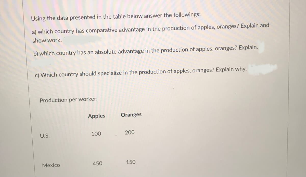 Using the data presented in the table below answer the followings:
a) which country has comparative advantage in the production of apples, oranges? Explain and
show work.
b) which country has an absolute advantage in the production of apples, oranges? Explain.
c) Which country should specialize in the production of apples, oranges? Explain why.
Production per worker:
Apples
Oranges
U.S.
100
200
Mexico
450
150
