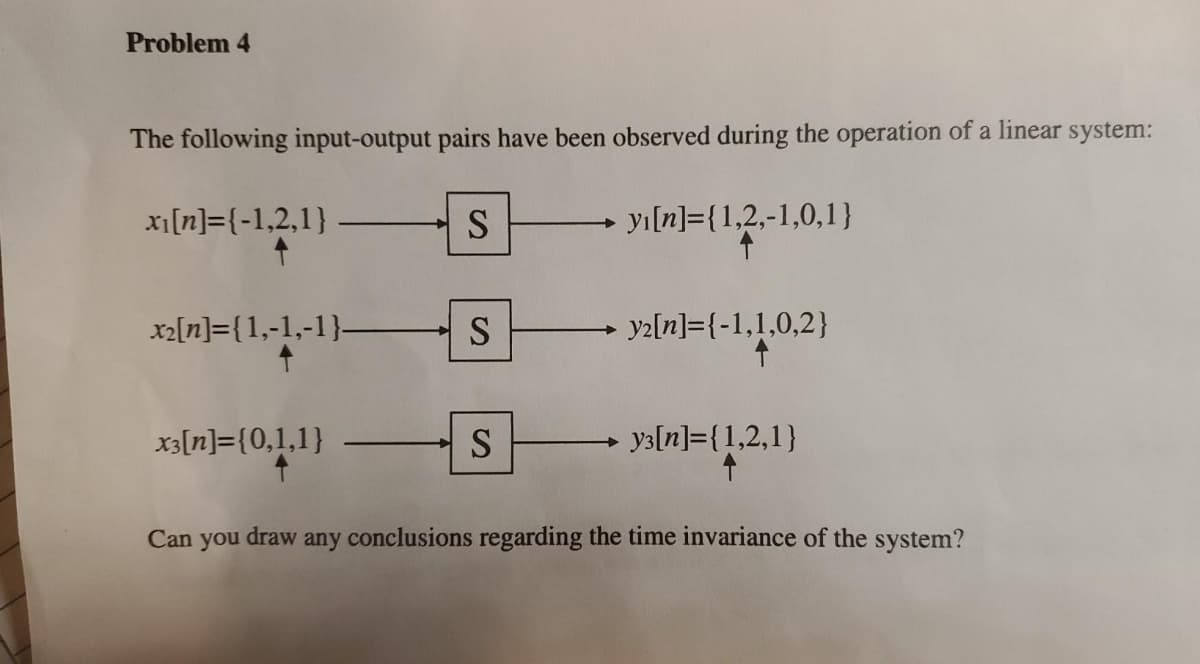 Problem 4
The following input-output pairs have been observed during the operation of a linear system:
xi[n]={-1,2,1}
S
yı[n]={1,2,-1,0,1}
x2[n]={1,-1,-1}-
y2[n]={-1,1,0,2}
x3[n]={0,1,1}
S.
ya[n]={1,2,1}
Can
you
draw
any
conclusions regarding the time invariance of the system?
