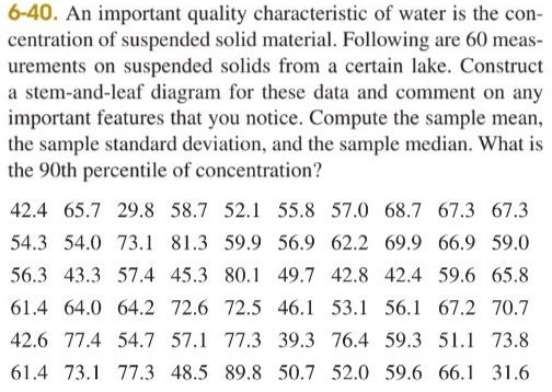 6-40. An important quality characteristic of water is the con-
centration of suspended solid material. Following are 60 meas-
urements on suspended solids from a certain lake. Construct
a stem-and-leaf diagram for these data and comment on any
important features that you notice. Compute the sample mean,
the sample standard deviation, and the sample median. What is
the 90th percentile of concentration?
42.4 65.7 29.8 58.7 52.1 55.8 57.0 68.7 67.3 67.3
54.3 54.0 73.1 81.3 59.9 56.9 62.2 69.9 66.9 59.0
56.3 43.3 57.4 45.3 80.1 49.7 42.8 42.4 59.6 65.8
61.4 64.0 64.2 72.6 72.5 46.1 53.1 56.1 67.2 70.7
42.6 77.4 54.7 57.1 77.3 39.3 76.4 59.3 51.1 73.8
61.4 73.1 77.3 48.5 89.8 50.7 52.0 59.6 66.1 31.6
