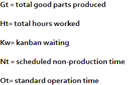 Gt=total good parts produced
Ht= total hours worked
Kw= kanban waiting
Nt = scheduled non-production time
Ot= standard operation time
