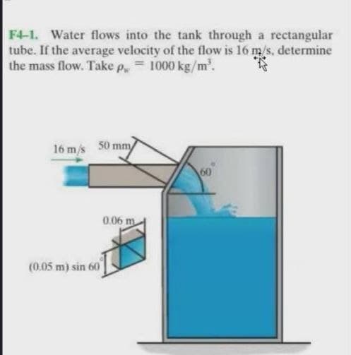 F4-1. Water flows into the tank through a rectangular
tube. If the average velocity of the flow is 16 m/s, determine
the mass flow. Take p, 1000 kg/m'.
16 m/s 50 mmy
60
0.06 m
(0.05 m) sin 60
