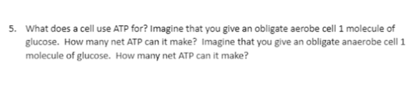 5. What does a cell use ATP for? Imagine that you give an obligate aerobe cell 1 molecule of
glucose. How many net ATP can it make? Imagine that you give an obligate anaerobe cell 1
molecule of glucose. How many net ATP can it make?