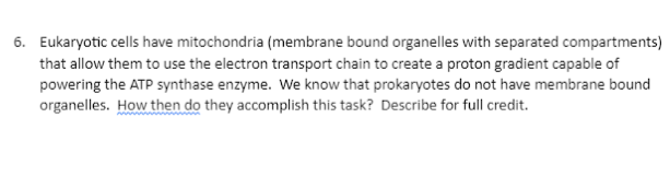 6. Eukaryotic cells have mitochondria (membrane bound organelles with separated compartments)
that allow them to use the electron transport chain to create a proton gradient capable of
powering the ATP synthase enzyme. We know that prokaryotes do not have membrane bound
organelles. How then do they accomplish this task? Describe for full credit.