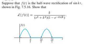 Suppose that f(t) is the half-wave rectification of sin kt,
shown in Fig. 7.5.16. Show that
L{f(!)} =
(s2 + k2)(1 – e-x s/k)
|ft)
