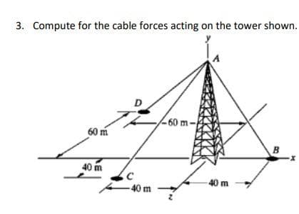 3. Compute for the cable forces acting on the tower shown.
-60 m-
60 m
B
40 m
-
40 m
-40 m
