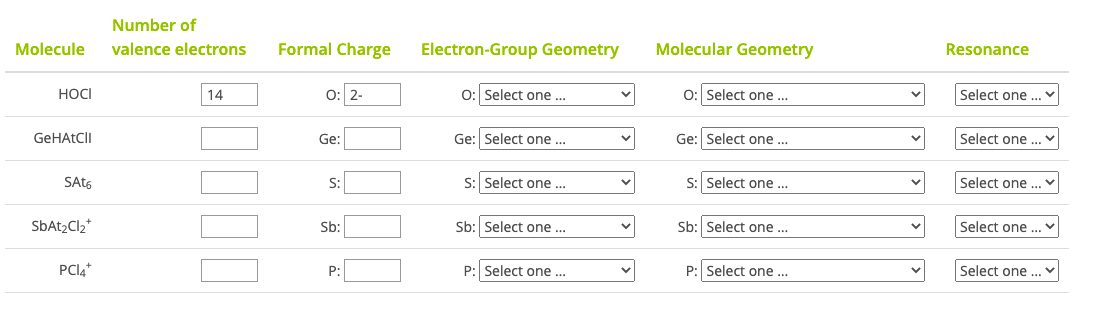Number of
Molecule
valence electrons
Formal Charge
Electron-Group Geometry
Molecular Geometry
Resonance
HỌCI
14
O: 2-
0: Select one ...
O: Select one ...
Select one ..
GEHATCII
Ge:
Ge: Select one ...
Ge: Select one ...
Select one
SAts
S:
S: Select one ...
S: Select one ...
Select one .
SbAt2Cl2*
Sb:
Sb: Select one ..
Sb: Select one ...
Select one ...
PCI4*
P:
P: Select one ...
P: Select one ..
Select one ..
