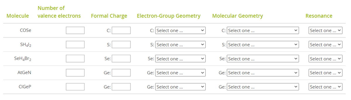 Number of
Molecule
valence electrons
Formal Charge
Electron-Group Geometry
Molecular Geometry
Resonance
COSse
C:
C: Select one ..
C: Select one ...
Select one ...
SH412
S:
S: Select one ...
S: Select one ...
Select one ..
SeH4Br2
Se:
Se: Select one ..
Se: Select one...
Select one ...
AtGeN
Ge:
Ge: Select one ...
Ge: Select one...
Select one ..
CIGEP
Ge:
Ge: Select one ...
Ge: Select one ...
Select one ..
