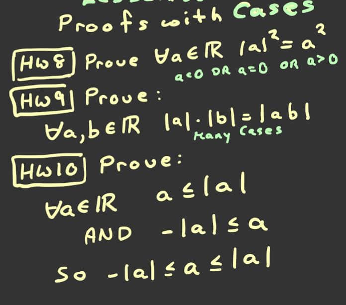 Proofs cwith Cases
Hw8) Prove HaEIR las= a
Hw 9| Prove :
ae0 DR a=0 OR a>O
Va,be R lal:16|=la61
Kany
Cases
HWI0] Proue:
taE IR
a slal
AND -lals a
So -lalsaslal

