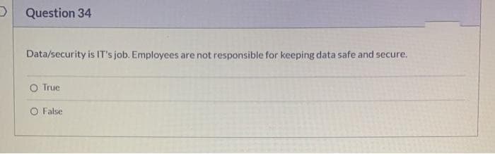 D Question 34
Data/security is IT's job. Employees are not responsible for keeping data safe and secure.
O True
O False
