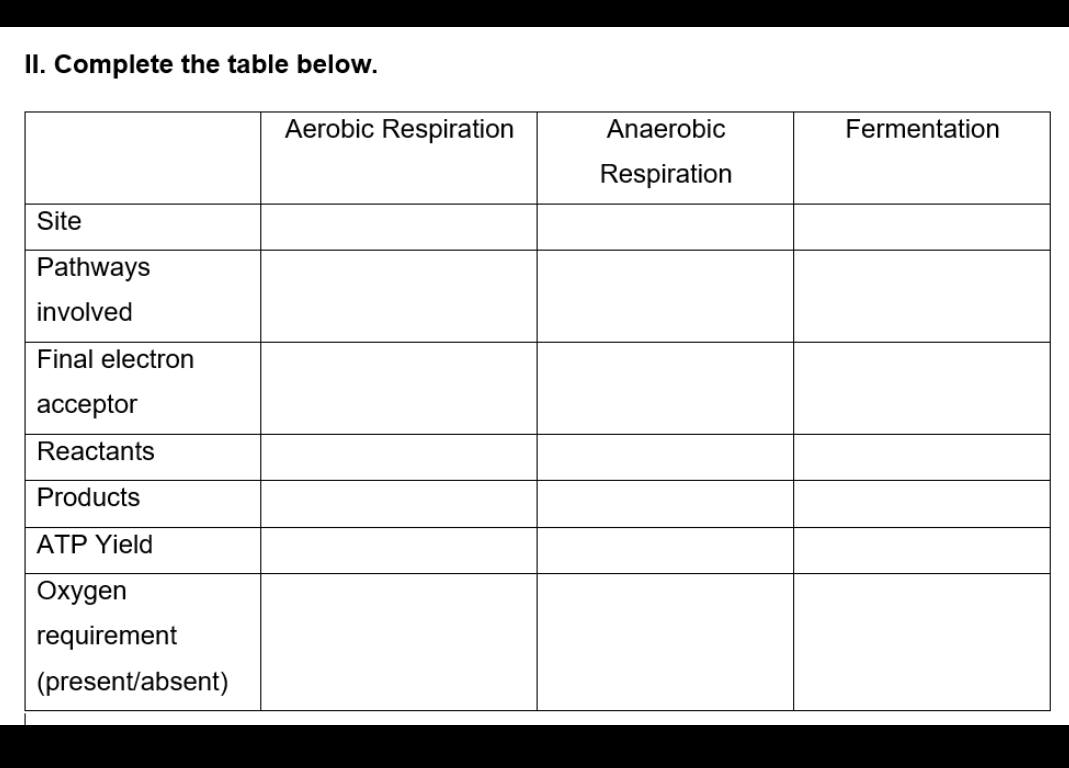 II. Complete the table below.
Aerobic Respiration
Anaerobic
Fermentation
Respiration
Site
Pathways
involved
Final electron
ассeptor
Reactants
Products
ATP Yield
Oxygen
requirement
(present/absent)
