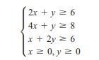 2x + y z 6
4x + y z 8
x + 2y z 6
x2 0, y z 0

