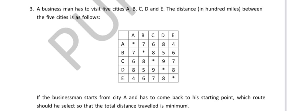 3. A business man has to visit five cities A, B, C, D and E. The distance (in hundred miles) between
the five cities is as follows:
ABCDE
A 76 8 4
B 7 8 5 6
c 6 8 *9 7
D 8 5 9 * 8
E 46 7 8
*
If the businessman starts from city A and has to come back to his starting point, which route
should he select so that the total distance travelled is minimum.
