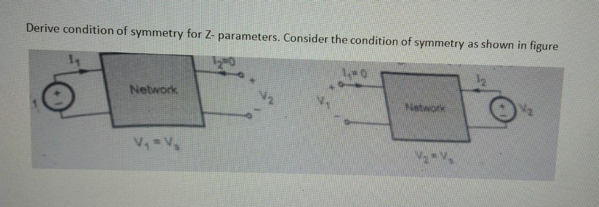 Derive condition of symmetry for Z- parameters. Consider the condition of symmetry as shown in figure
Network
V₁ =V₂
PHO
Tentwork
4.**.