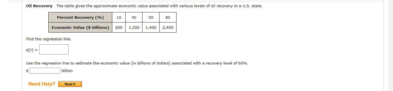 Oil Recovery The table gives the approximate economic value associated with various levels of oil recovery in a U.S. state.
Percent Recovery (%)
10
40
50
80
Economic Value ($ billions)
600
1,300
1,400
2,400
Find the regression line.
d(r) =
Use the regression line to estimate the economic value (in billions of dollars) associated with a recovery level of 60%.
$
billion
