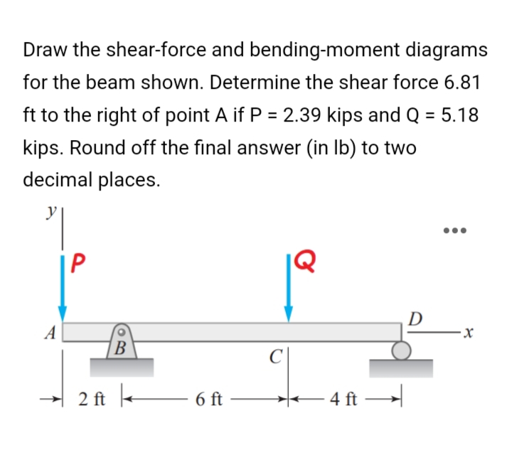 Draw the shear-force
and bending-moment diagrams
for the beam shown. Determine the shear force 6.81
ft to the right of point A if P = 2.39 kips and Q = 5.18
kips. Round off the final answer (in lb) to two
decimal places.
y
P
D
C
A
2 ft
B
6 ft
· 4 ft →
-
·x