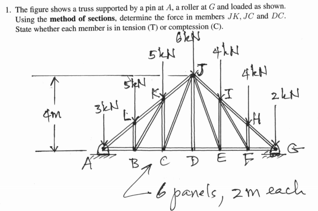 1. The figure shows a truss supported by a pin at A, a roller at G and loaded as shown.
Using the method of sections, determine the force in members JK, JC and DC.
State whether each member is in tension (T) or comptession (C).
4hN
4kN
2kN
4m
3EN
B
DE E
2m each
