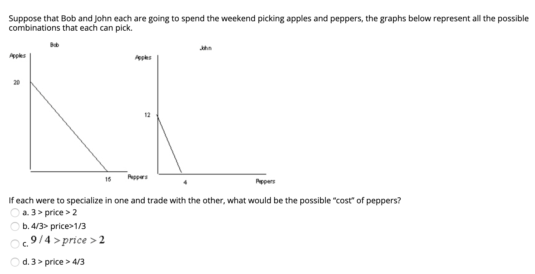 Suppose that Bob and John each are going to spend the weekend picking apples and peppers, the graphs below represent all the possible
combinations that each can pick.
Bob
John
Apples
Apples
20
12
Peppers
15
Peppers
If each were to specialize in one and trade with the other, what would be the possible "cost" of peppers?
a. 3 > price > 2
b. 4/3> price>1/3
9/4 > price > 2
C.
d. 3 > price > 4/3
