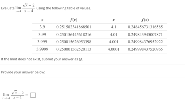 Evaluate lim
√√x-2
X-4 X-4
using the following table of values.
X
f(x)
3.9
0.251582341868501
3.99
0.250156445618216
3.999
0.250015626953398
3.9999
0.250001562520113
If the limit does not exist, submit your answer as Ø.
Provide your answer below:
lim
X-4 X-
x
f(x)
0.248456731316585
4.1
4.01
0.249843945007871
4.001 0.249984376952922
4.0001 0.249998437520965