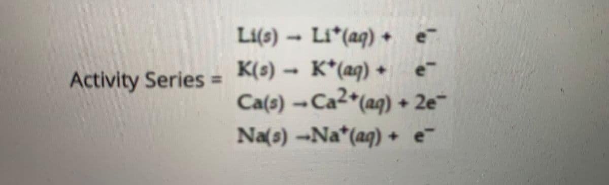 Li(s) - +
Li*(aq) ·
Activity Series = K(s) – K*(aq)-
Ca(s) -Ca2*(aq) + 2e
%3D
Na(s)-Na*(ag) + e
