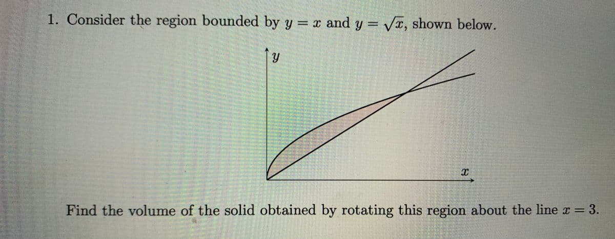 1. Consider the region bounded by y = x and y Vr, shown below.
Find the volume of the solid obtained by rotating this region about the line a =
3.
