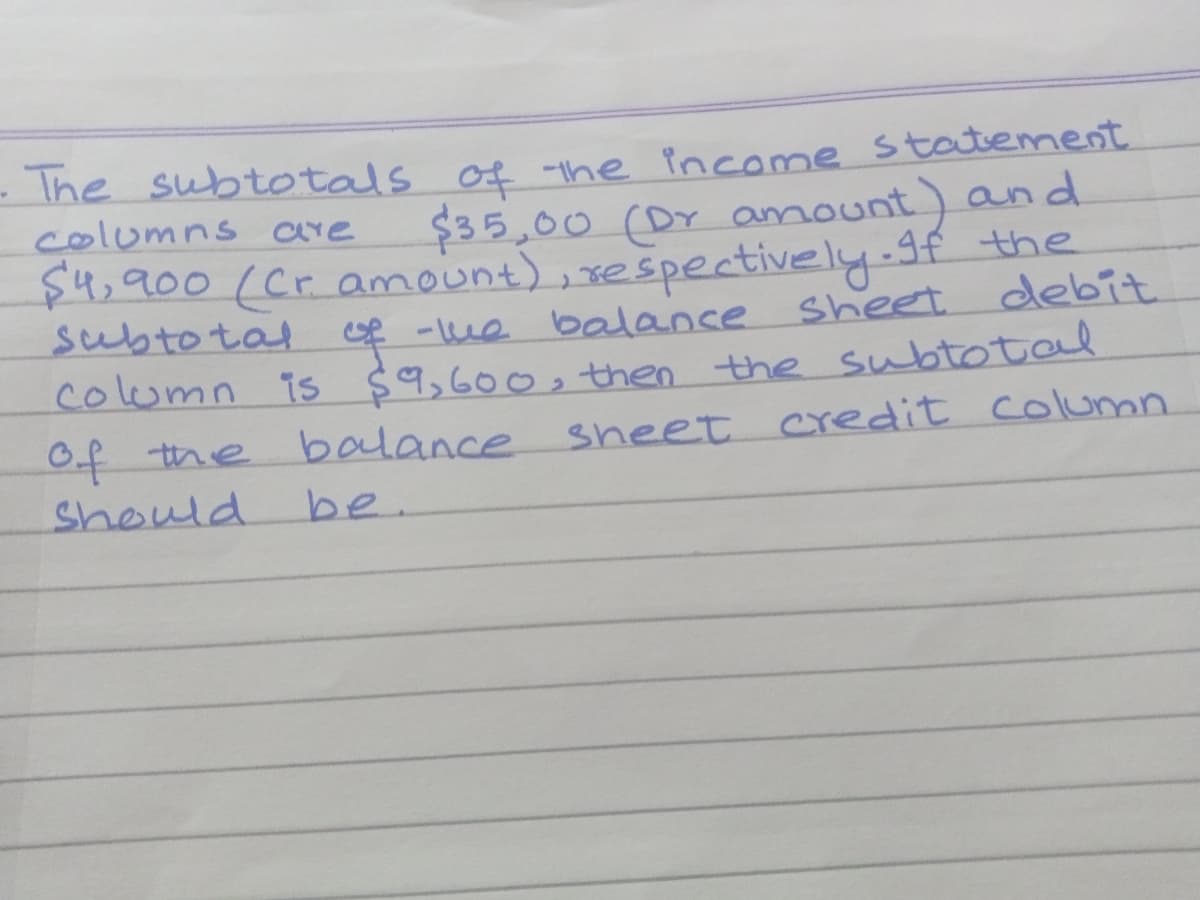 - Ihe subtotals of -the income statement
columns are
$35,00(Dr amount) and
$4,900 (cr. amount), respectively.9f the
subtotal
of -ue balance
sheet debit
column is $9,600then the subtotal
balance
sheet credit column
Of the
Should
be.
