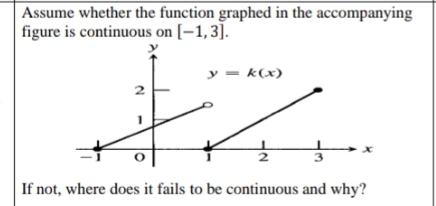 Assume whether the function graphed in the accompanying
figure is continuous on [–1,3].
y = k(x)
2
3
If not, where does it fails to be continuous and why?
