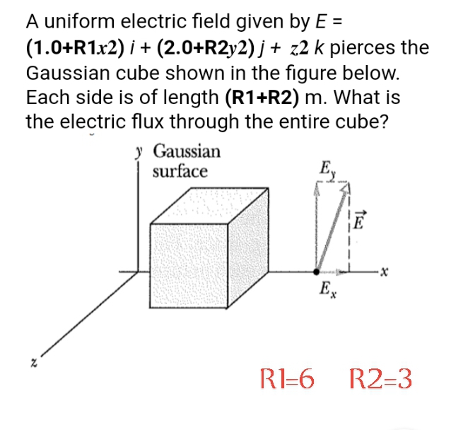 A uniform electric field given by E =
(1.0+R1x2) i + (2.0+R2y2) j + z2 k pierces the
Gaussian cube shown in the figure below.
Each side is of length (R1+R2) m. What is
the electric flux through the entire cube?
y Gaussian
surface
Ex
RI-6 R2-3
