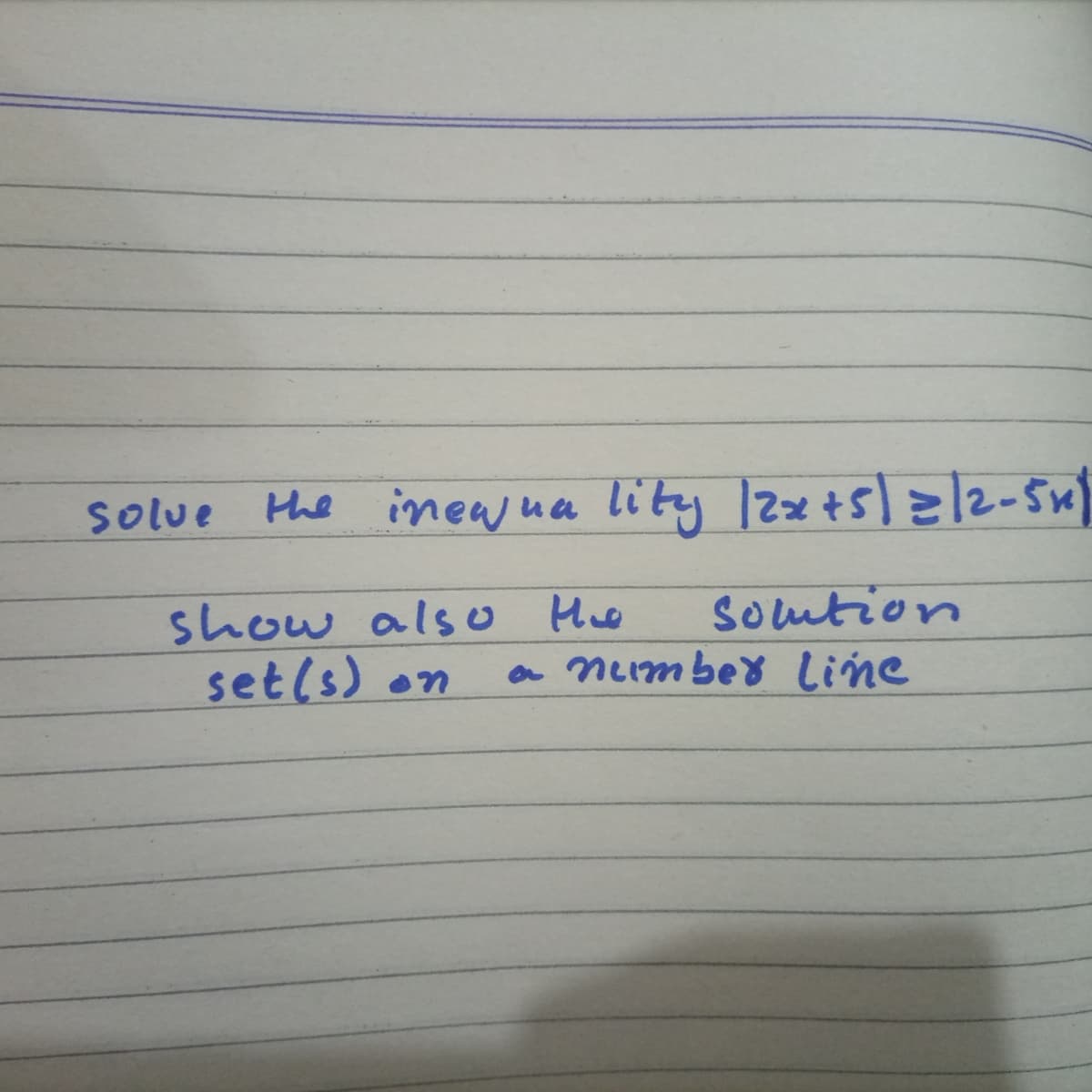 Solue
the ineaj ua lity 12z+5]=/2-5Su)
show also He
setls)
Soution
a ncimbed line
