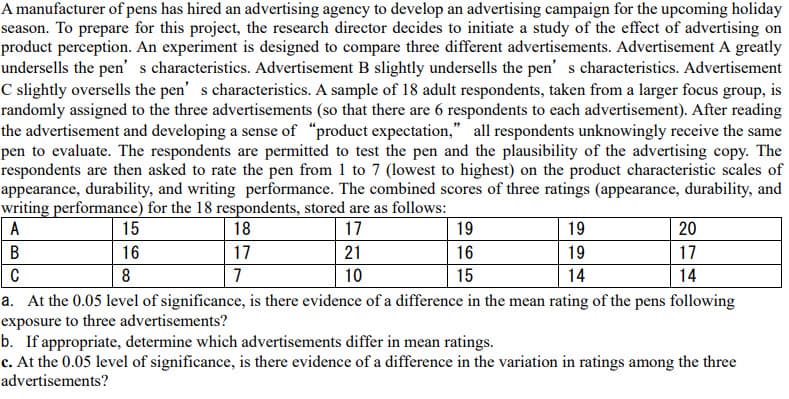A manufacturer of pens has hired an advertising agency to develop an advertising campaign for the upcoming holiday
season. To prepare for this project, the research director decides to initiate a study of the effect of advertising on
product perception. An experiment is designed to compare three different advertisements. Advertisement A greatly
undersells the pen's characteristics. Advertisement B slightly undersells the pen's characteristics. Advertisement
C slightly oversells the pen's characteristics. A sample of 18 adult respondents, taken from a larger focus group, is
randomly assigned to the three advertisements (so that there are 6 respondents to each advertisement). After reading
the advertisement and developing a sense of "product expectation," all respondents unknowingly receive the same
pen to evaluate. The respondents are permitted to test the pen and the plausibility of the advertising copy. The
respondents are then asked to rate the pen from 1 to 7 (lowest to highest) on the product characteristic scales of
appearance, durability, and writing performance. The combined scores of three ratings (appearance, durability, and
writing performance) for the 18 respondents, stored are as follows:
A
15
18
17
19
19
20
B
16
17
21
16
19
17
C
8
7
10
15
14
14
a. At the 0.05 level of significance, is there evidence of a difference in the mean rating of the pens following
exposure to three advertisements?
b. If appropriate, determine which advertisements differ in mean ratings.
c. At the 0.05 level of significance, is there evidence of a difference in the variation in ratings among the three
advertisements?