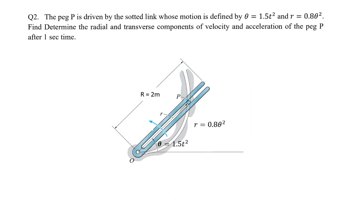 1.5t? and r = 0.802.
Q2. The peg P is driven by the sotted link whose motion is defined by 0 =
Find Determine the radial and transverse components of velocity and acceleration of the
peg
P
after 1 sec time.
R = 2m
P-
r = 0.802
01.5t?
