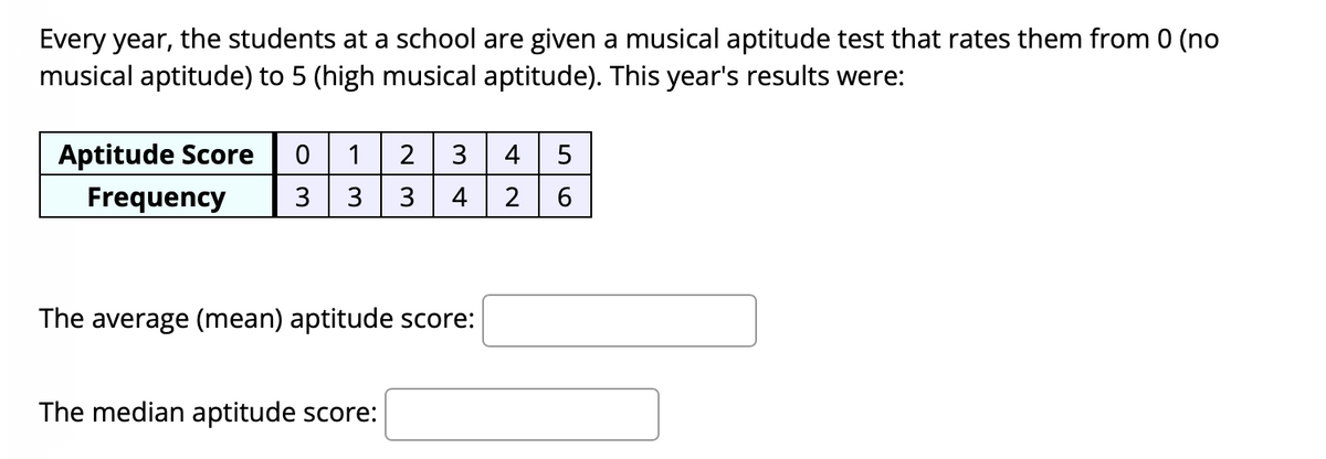 Every year, the students at a school are given a musical aptitude test that rates them from 0 (no
musical aptitude) to 5 (high musical aptitude). This year's results were:
Aptitude Score
Frequency
2
4 5
3
3
3
4
2
6
The average (mean) aptitude score:
The median aptitude score:
