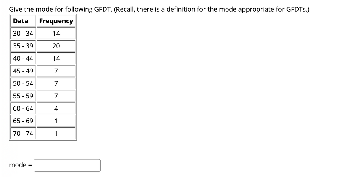 Give the mode for following GFDT. (Recall, there is a definition for the mode appropriate for GFDTS.)
Data
Frequency
30 - 34
14
35 - 39
20
40 - 44
14
45 - 49
7
50 - 54
7
55 - 59
7
60 - 64
4
65 - 69
1
70 - 74
1
mode
%3D
