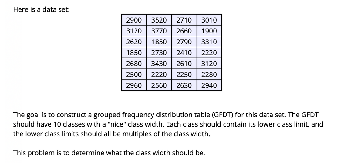 Here is a data set:
2900
3520
2710
3010
3120
3770
2660
1900
2620
1850
2790
3310
1850
2730
2410
2220
2680
3430
2610
3120
2500
2220
2250
2280
2960
2560
2630
2940
The goal is to construct a grouped frequency distribution table (GFDT) for this data set. The GFDT
should have 10 classes with a "nice" class width. Each class should contain its lower class limit, and
the lower class limits should all be multiples of the class width.
This problem is to determine what the class width should be.
