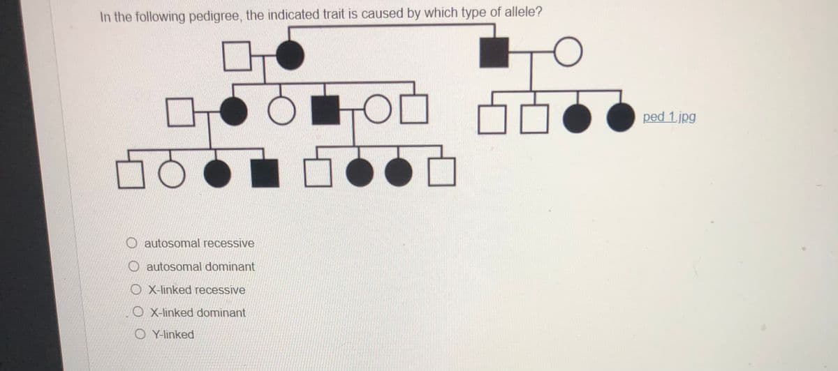 In the following pedigree, the indicated trait is caused by which type of allele?
ped 1.jpg
O autosomal recessive
O autosomal dominant
O X-linked recessive
O X-linked dominant
O Y-linked
