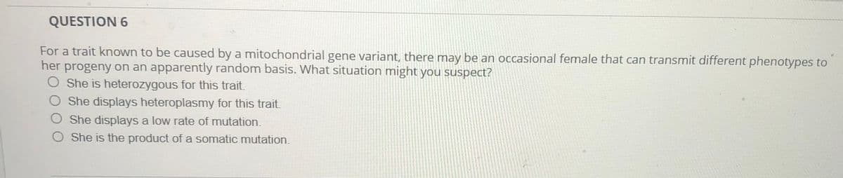 QUESTION 6
For a trait known to be caused by a mitochondrial gene variant, there may be an occasional female that can transmit different phenotypes to
her progeny on an apparently random basis. What situation might you suspect?
O She is heterozygous for this trait.
She displays heteroplasmy for this trait.
O She displays a low rate of mutation.
She is the product of a somatic mutation.
