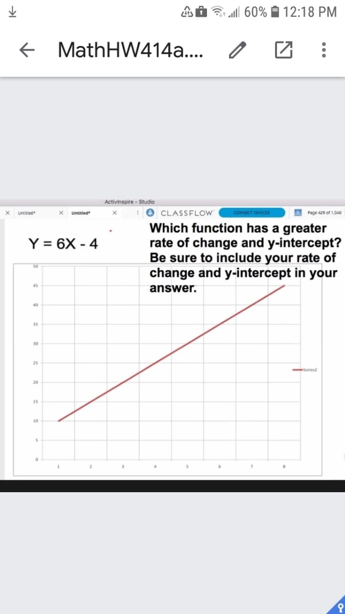 ll 60% 12:18 PM
+ MathHW414a...
Activinspire - Studio
Untitied
I O CLASSFLOW'
CONNECT DEVICES
Page 429 of 1,04O
Which function has a greater
rate of change and y-intercept?
Be sure to include your rate of
change and y-intercept in your
Y = 6X - 4
%3D
50
45
answer.
40
35
30
25
Series2
20
15
10
