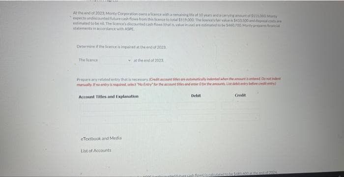 At the end of 2023, Monty Corporation owns a licence with a remaining life of 10 years and a carrying amount of $515.000 M
expects undiscounted future cash flows from this licence to total $519,000. The licence's fair value is $410.500 and disposal costs ar
estimated to be nil. The licence's discounted cash flows (that is, value in use) are estimated to be $460.700 Monty prepares financial
statements in accordance with ASPE
Determine if the licence is impaired at the end of 2023
The licence
at the end of 2023
Prepare any related entry that is necessary. (Credit account titles are automatically indented when the amount is entered. Do not indent
manually. If no entry is required, select "No Entry for the account titles and enter O for the amounts List debit entry before credit entryl
Account Titles and Explanation
eTextbook and Media
List of Accounts.
Debit
Credit
ed at cash flow is calculated to be $485.600 at the end of 2024