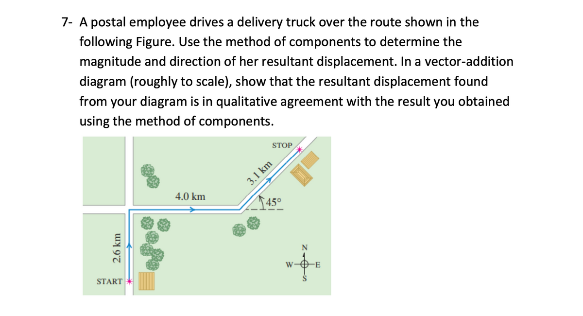 7- A postal employee drives a delivery truck over the route shown in the
following Figure. Use the method of components to determine the
magnitude and direction of her resultant displacement. In a vector-addition
diagram (roughly to scale), show that the resultant displacement found
from your diagram is in qualitative agreement with the result you obtained
using the method of components.
STOP
3.1 km
4.0 km
145°
W-O-E
START
S
2.6 km
z-
