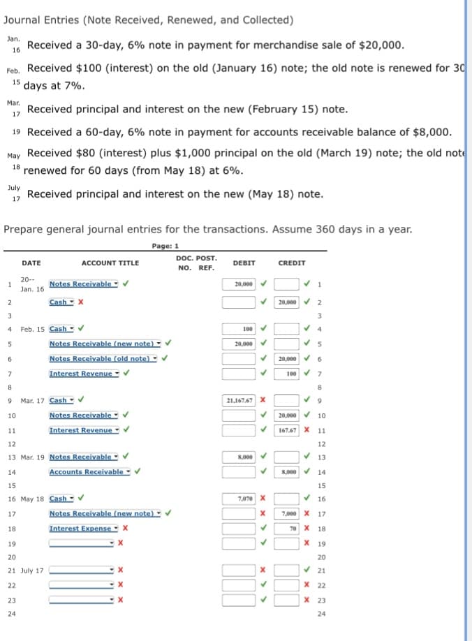 Journal Entries (Note Received, Renewed, and Collected)
Jan.
Received a 30-day, 6% note in payment for merchandise sale of $20,000.
16
Feb. Received $100 (interest) on the old (January 16) note; the old note is renewed for 30
15
days at 7%.
Mar.
Received principal and interest on the new (February 15) note.
17
19 Received a 60-day, 6% note in payment for accounts receivable balance of $8,000.
May Received $80 (interest) plus $1,000 principal on the old (March 19) note; the old note
18
renewed for 60 days (from May 18) at 6%.
July
Received principal and interest on the new (May 18) note.
17
Prepare general journal entries for the transactions. Assume 360 days in a year.
Page: 1
DOC. POST.
DATE
ACCOUNT TITLE
DEBIT
CREDIT
NO. REF.
20--
Notes Receivable
20,000
Jan. 16
Cash - X
20,000 V 2
2
3
3
Feb. 15 Cash - v
100
Notes Receivable (new note) ►
Notes Receivable (old note) - v
Interest Revenue
5
20,000 V
20,000 v 6
7
100 V 7
8
8.
9.
Mar. 17 Cash v
21,167.67 X
Notes Receivable -
20,000 V 10
10
11
Interest Revenue
167.67 X 11
12
12
13 Mar. 19 Notes Receivable
V 13
8,000
Accounts Receivable -
14
8,000 V
14
15
15
16 May 18 Cash-
V 16
7,070 X
Notes Receivable (new note) ▪
Interest Expense x
17
7,000 X 17
18
70 X 18
19
X 19
20
20
21 July 17
V 21
22
X 22
23
X 23
24
24

