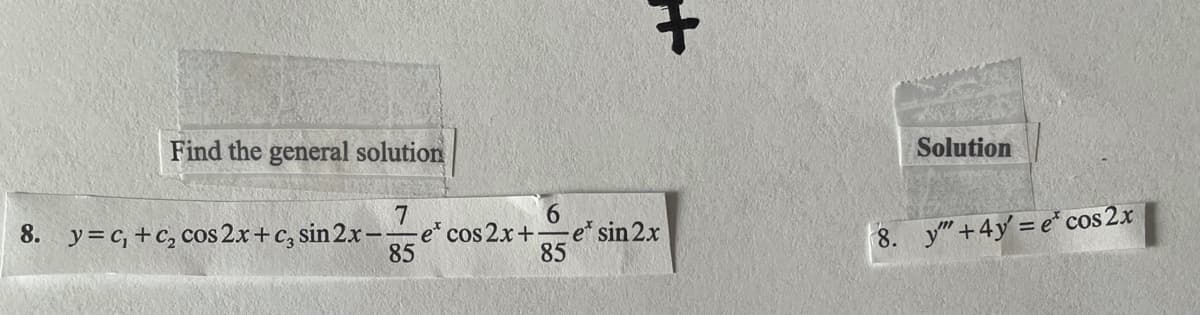 t.
Find the general solution
Solution
8. y= c, +c, cos 2x+c, sin 2x-
85
7
e* cos 2x+
6.
e* sin 2x
85
8. y"+4y = e* cos 2.x
