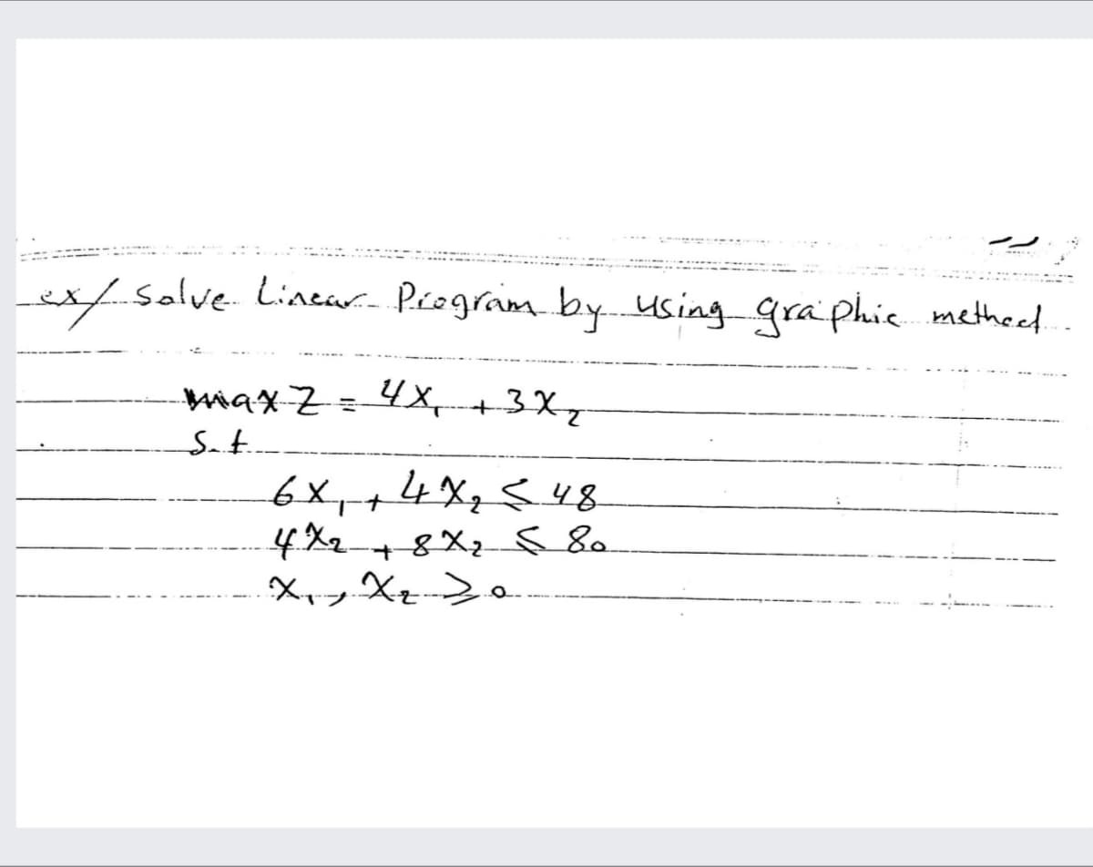 Lexf-Solve- Lincar- Píogram by using graphie metheed
mmax-Z=4x,+3X,
Sat.
4X7548
6x,+4X7<48.
4%2+8X2 Se
X、ッX>。
