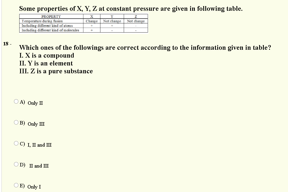Some properties of X, Y, Z at constant pressure are given in following table.
PROPERTY
Change
Not change
Not change
Temperature during fusion
Including different kind of atoms
Including different kind of molecules
Which ones of the followings are correct according to the information given in table?
I. X is a compound
II. Y is an element
III. Z is a pure substance
18 -
O A) Only II
O B) Only III
OC) I. II and III
O D) II and III
O E) Only I
