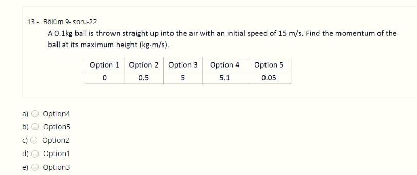 13 - Bölüm 9- soru-22
A 0.1kg ball is thrown straight up into the air with an initial speed of 15 m/s. Find the momentum of the
ball at its maximum height (kg-m/s).
Option 1 Option 2 Option 3
Option 4
Option 5
0.5
5
5.1
0.05
a)
Option4
b)
Option5
Option2
Option1
Option3
