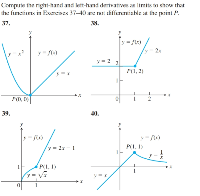 Compute the right-hand and left-hand derivatives as limits to show that
the functions in Exercises 37–40 are not differentiable at the point P.
37.
38.
y = f(x)
/y = 2x
y = x?
y = f(x)
y = 2
P(1, 2)
у 3Dх
х
P(0, 0)
39.
40.
y = f(x)
y = f(x)
P(1, 1)
(у%3D 2х — 1
y = =
P(1, 1)
х
y = Vx
у3 х
X.
2.

