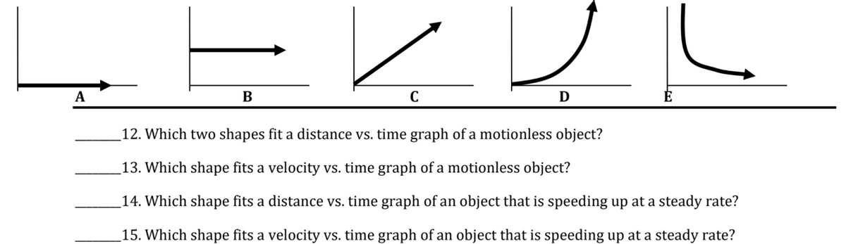 А
В
D
12. Which two shapes fit a distance vs. time graph of a motionless object?
13. Which shape fits a velocity vs. time graph of a motionless object?
14. Which shape fits a distance vs. time graph of an object that is speeding up at a steady rate?
15. Which shape fits a velocity vs. time graph of an object that is speeding up at a steady rate?
